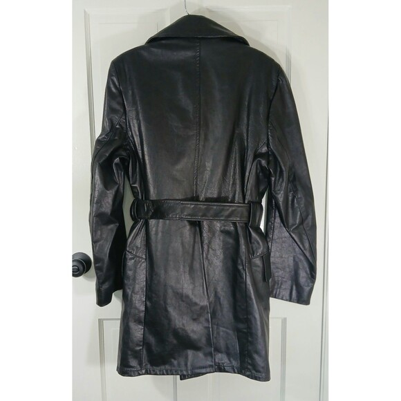 Vintage Mens Sz S Black Leather Trench Coat Removable Faux Fur Lining Old Money - Picture 3 of 16